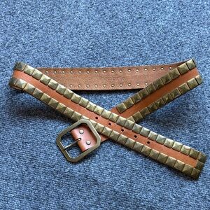 Linea Pelle Tan Leather Studded Belt with Antique Brass Pyramid Accents